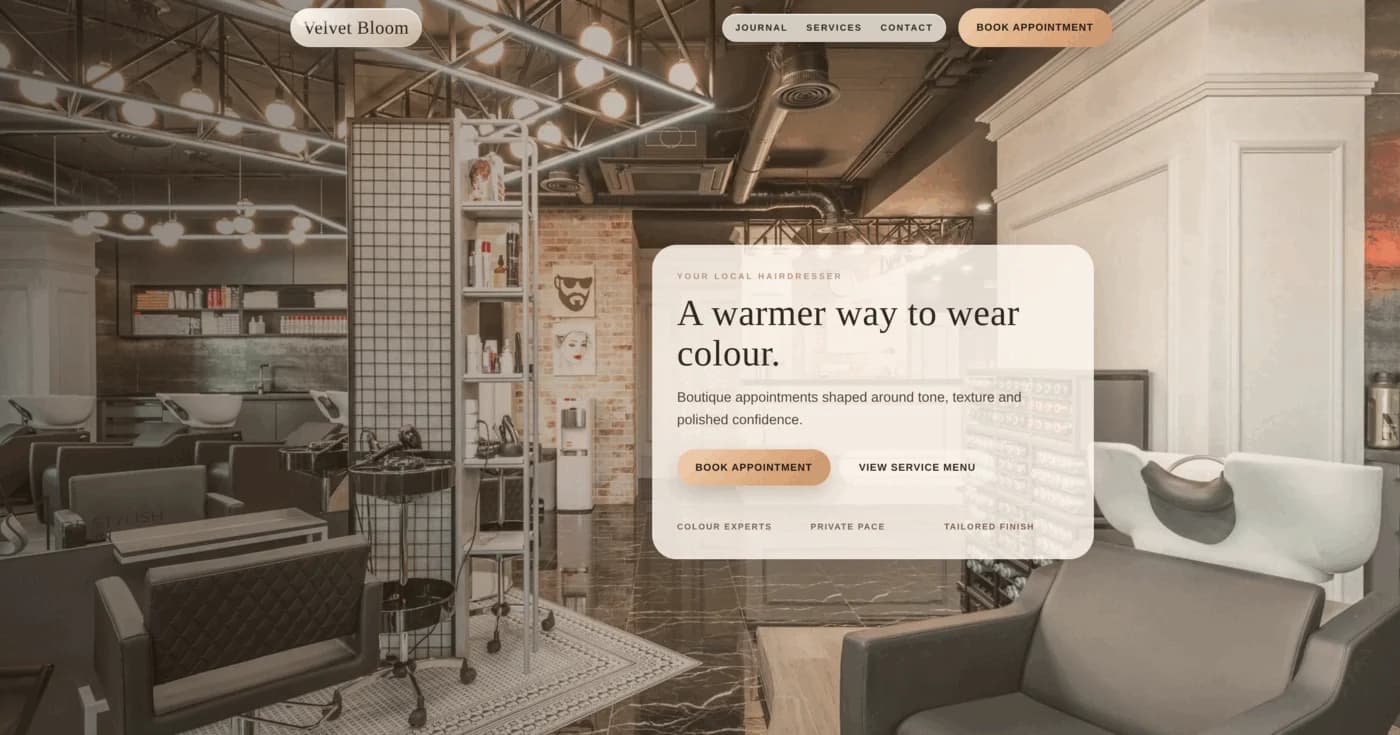 Velvet Bloom Beauty Studio website with warm editorial photography, service menu, and simple booking form