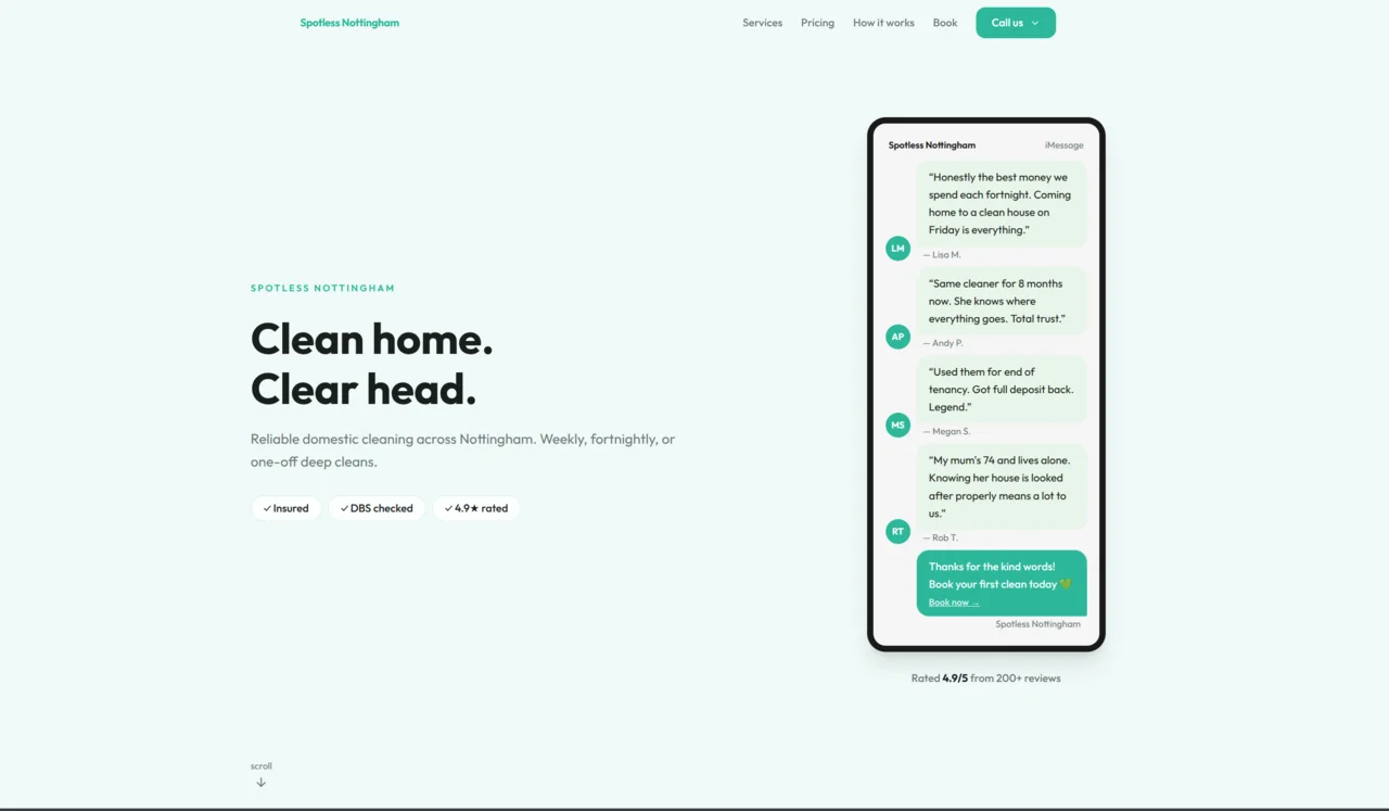 Spotless Nottingham cleaning website with three pricing tiers, booking flow, and WhatsApp quick-enquiry option