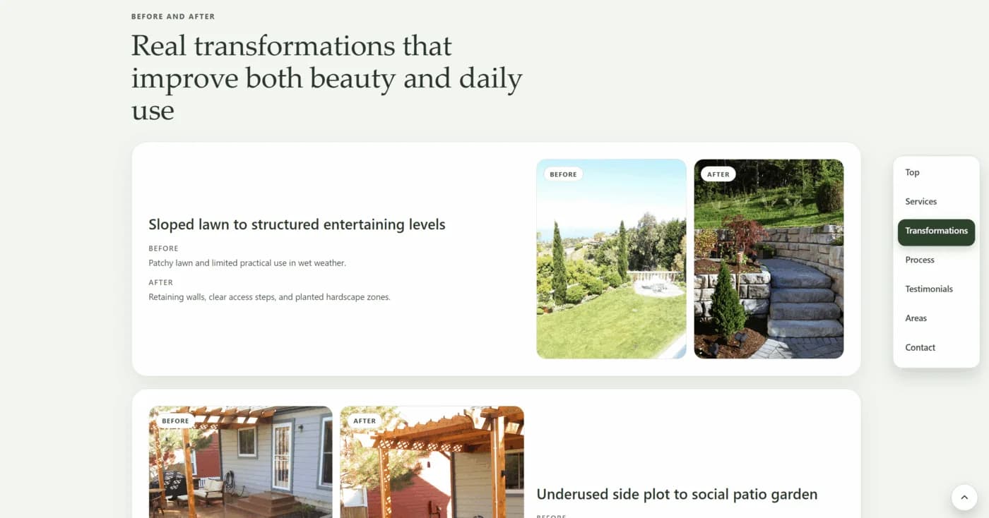 Verdance Outdoor Living website with before-and-after project sliders and consultation booking flow