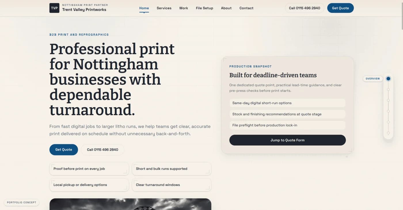 Trent Valley PrintWorks website with dedicated service pages, work samples with finish specs, and quick-select quote form