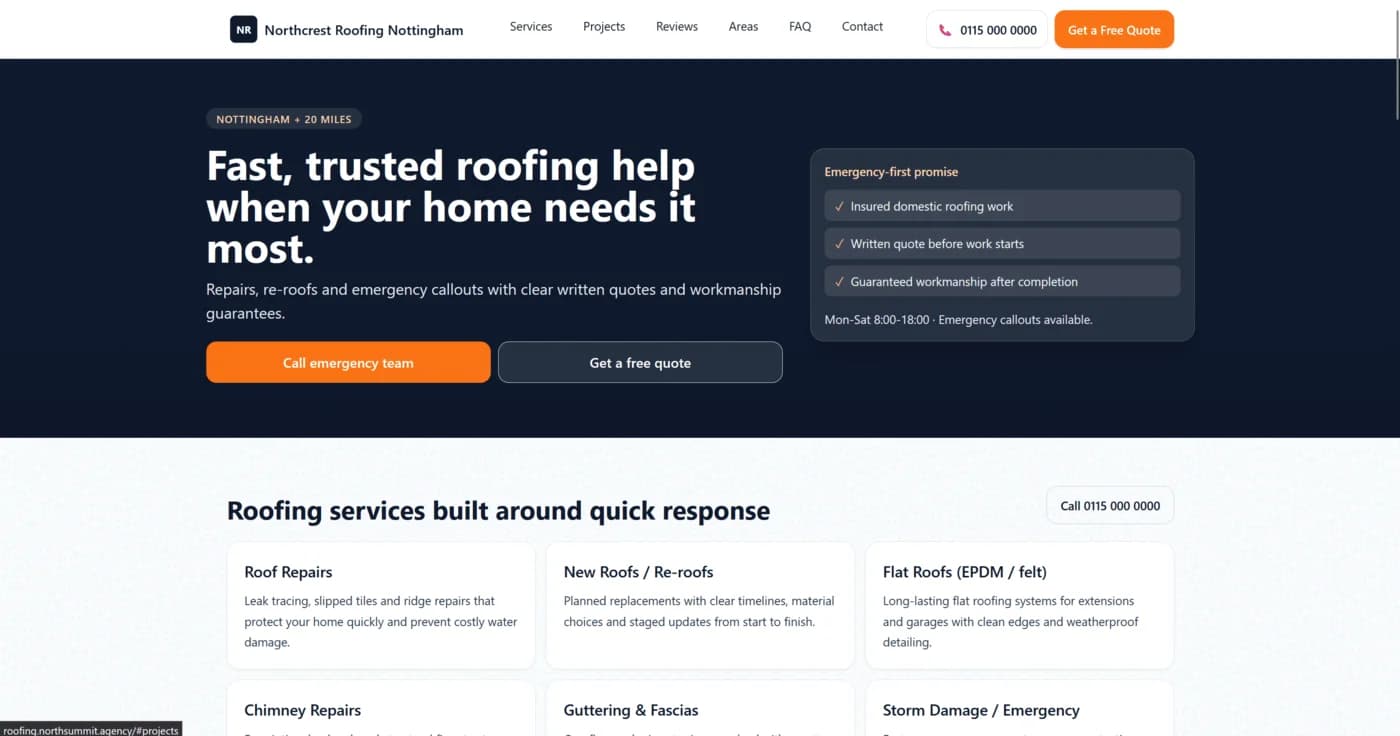 Northcrest Roofing website with emergency-first layout, click-to-call banner, and before-and-after project gallery