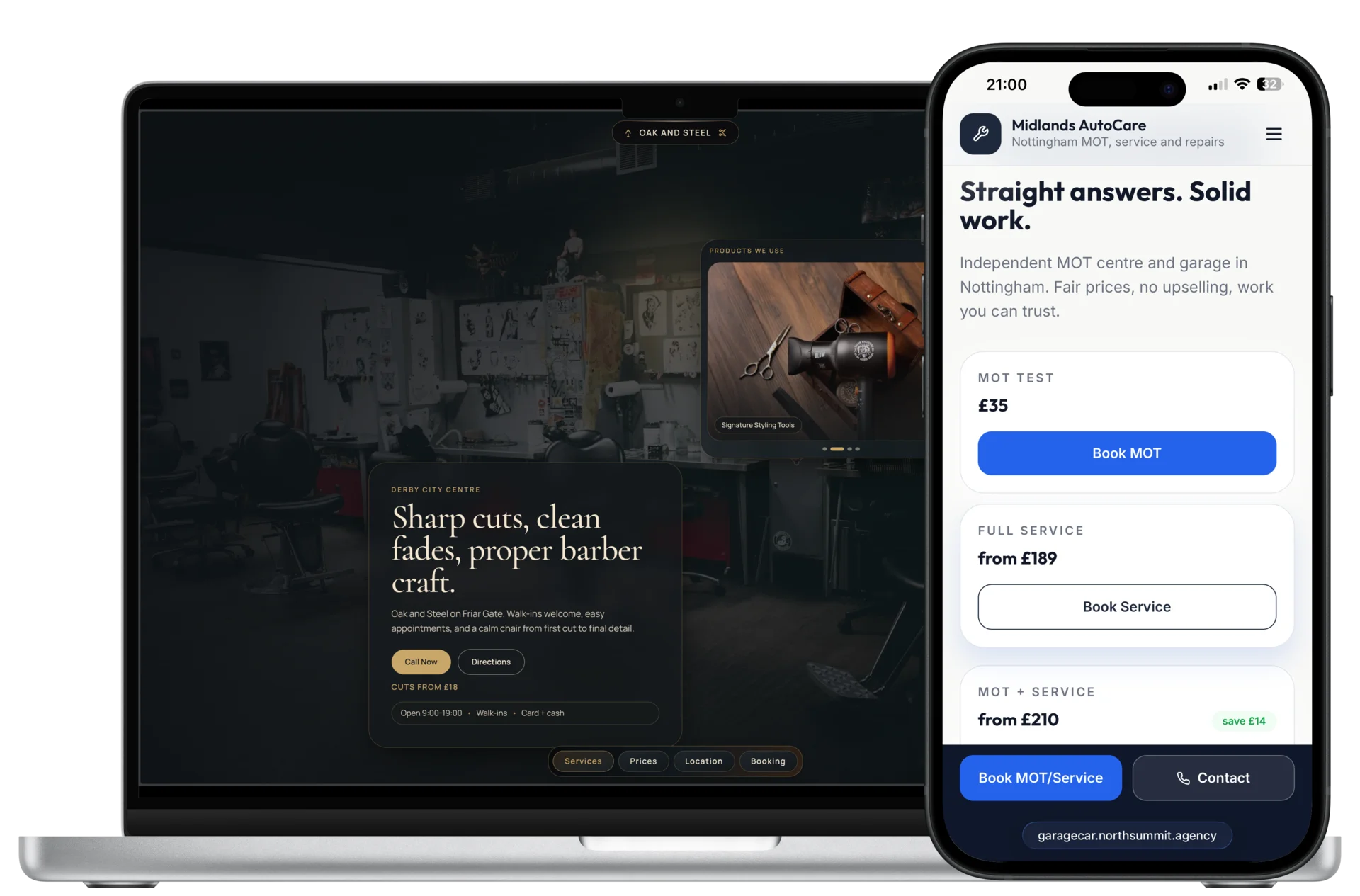 Barber shop website on laptop and MOT garage website on mobile