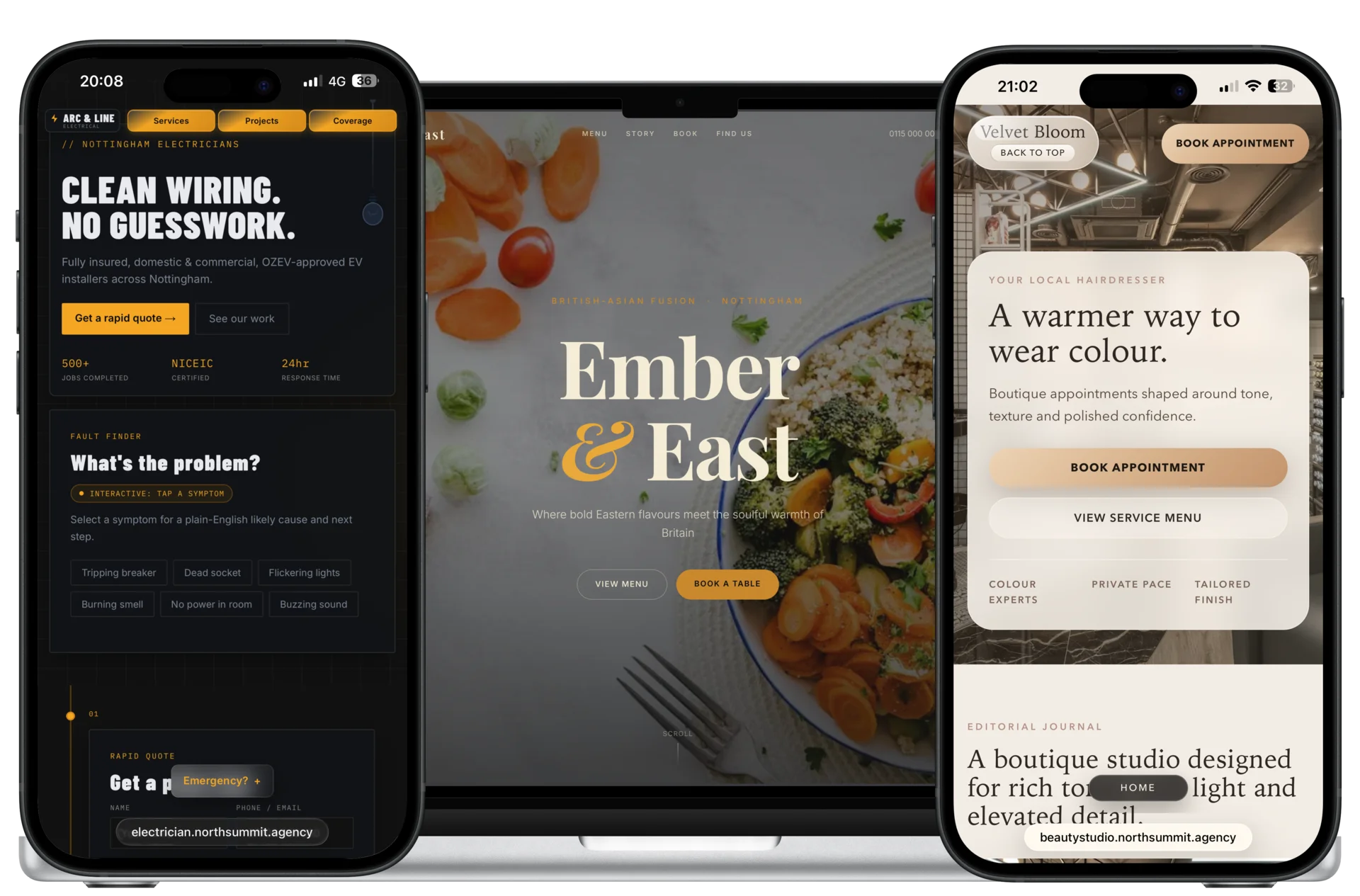 Electrician, restaurant and beauty salon websites across multiple devices