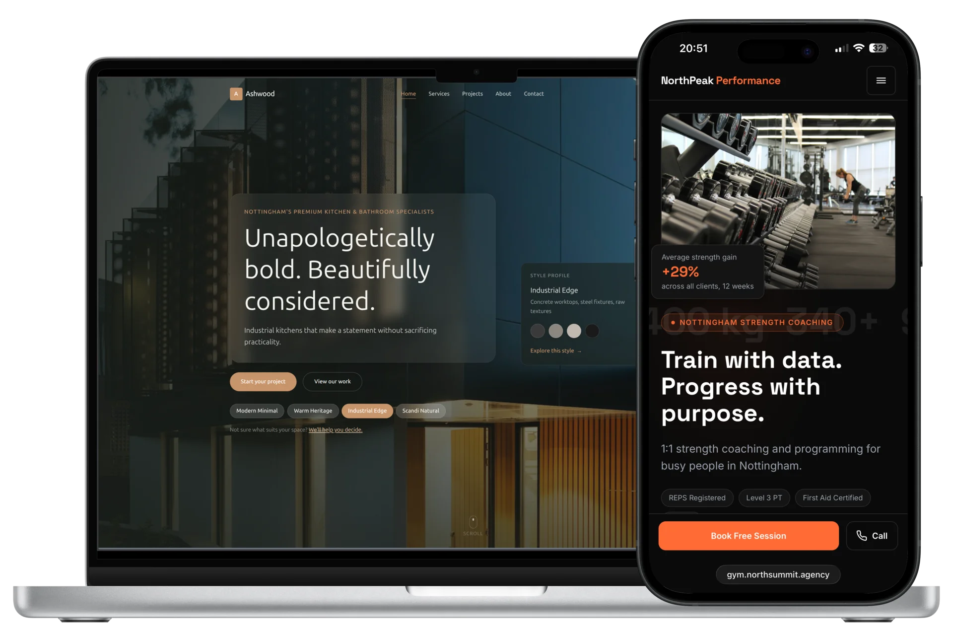 Kitchen specialists website on laptop and gym coaching website on mobile