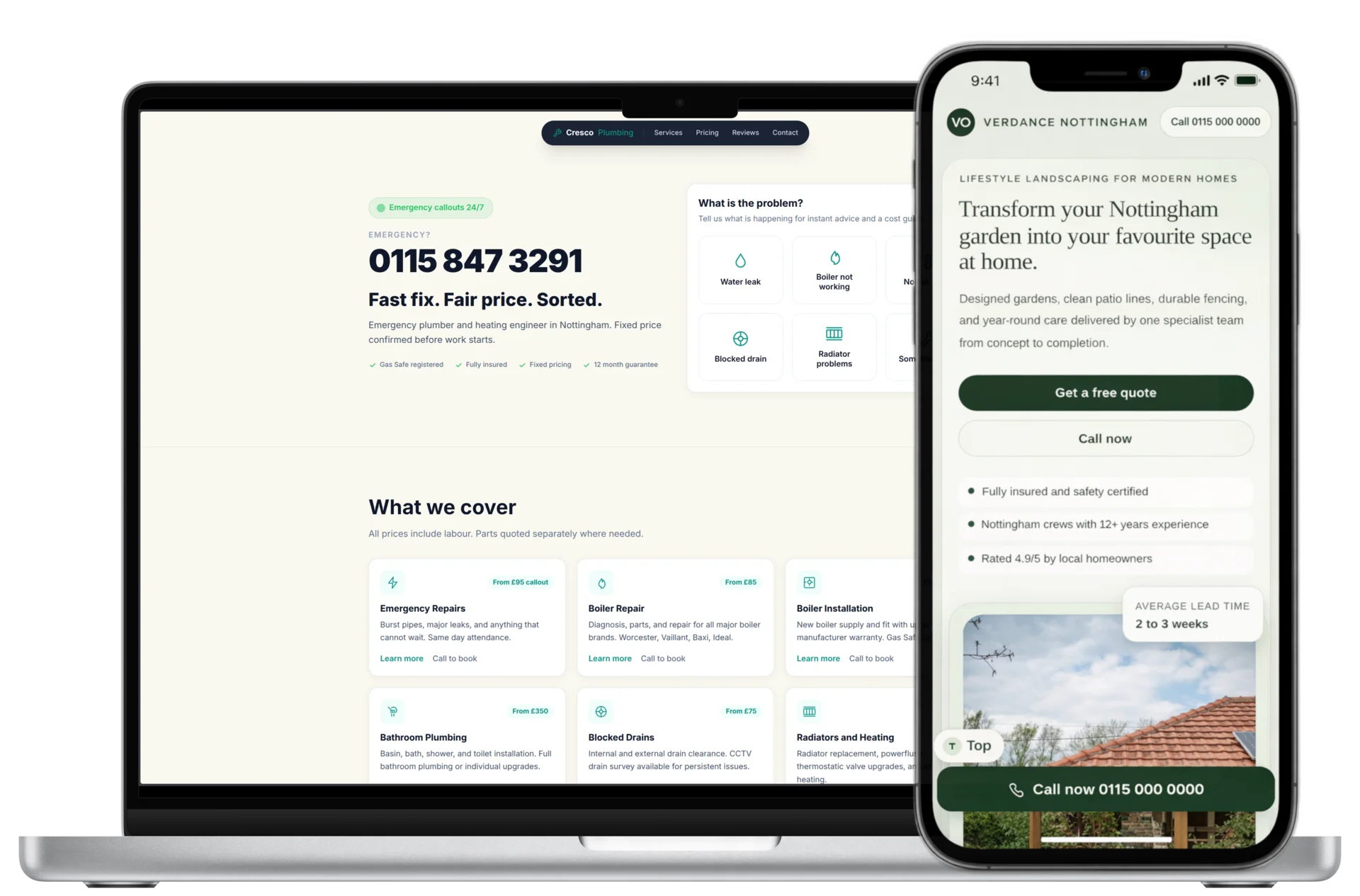 Emergency plumber website on laptop and landscaping website on mobile