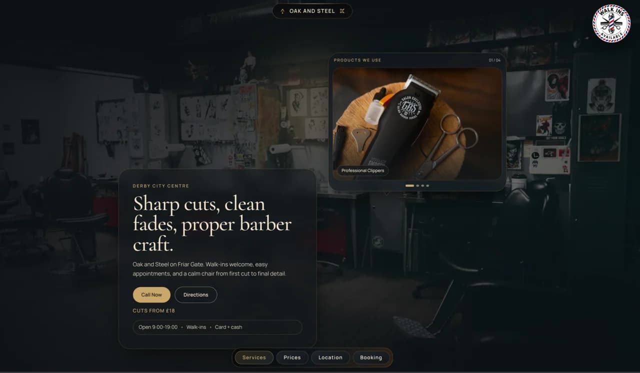 Oak and Steel Barbers website with walk-in availability badge, price board, and dark wood aesthetic