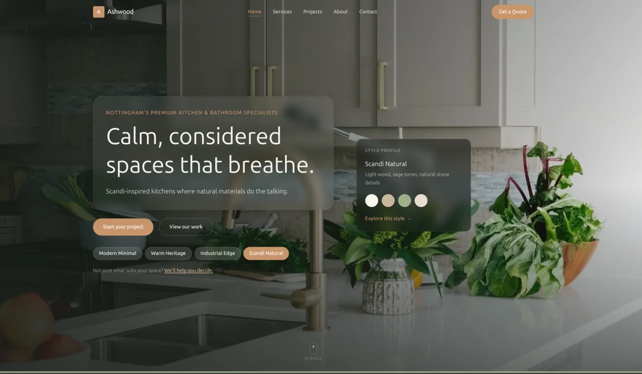 Ashwood Kitchens & Bathrooms website with style switcher, before-and-after slider, and regional coverage map