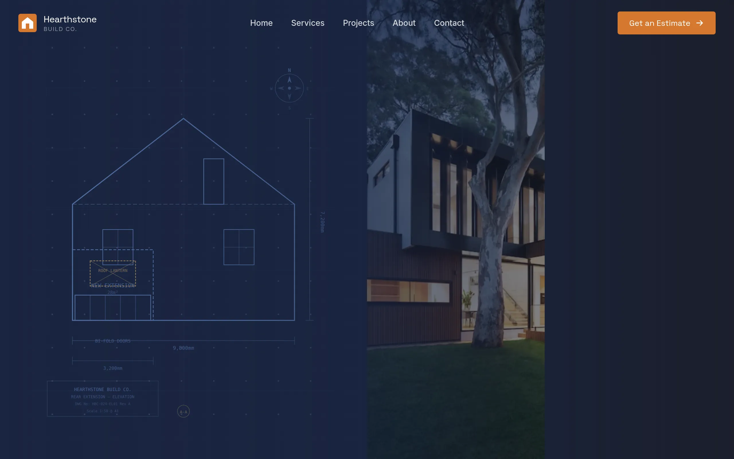 Hearthstone Build Co. website with interactive cost estimator, phased build timeline, and accreditation badges
