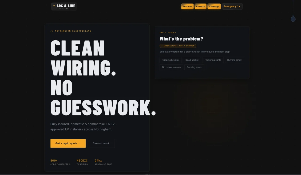 Arc & Line Electrical website with interactive fault-finder tool, certification badges, and rapid quote form
