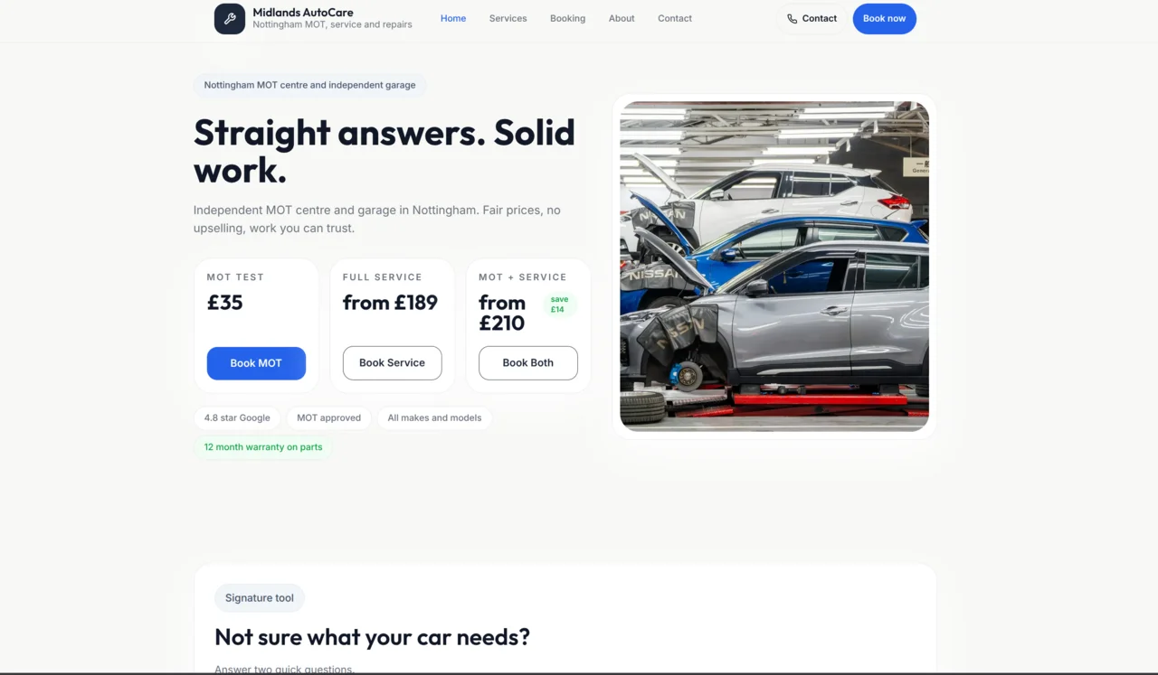 Midlands AutoCare website with diagnostic tool, transparent price list, and dealer comparison section