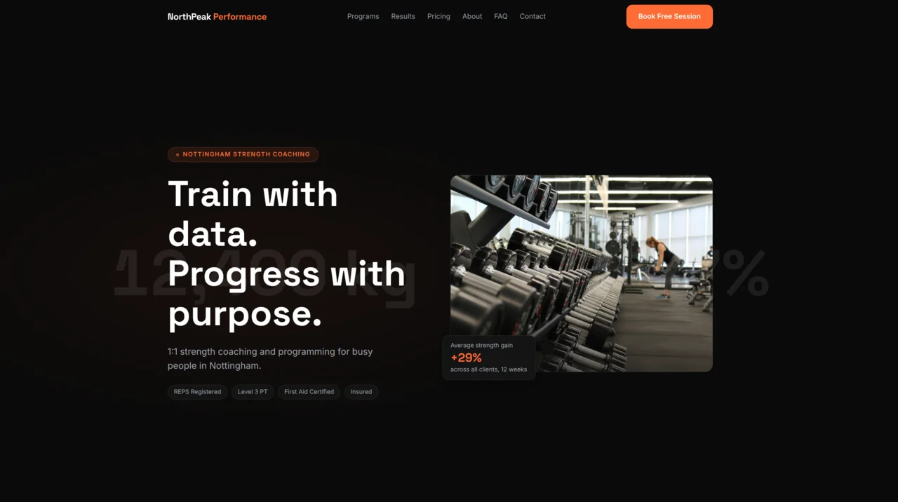 NorthPeak Performance gym website with coaching programmes, real results stats, and goal-based consultation form