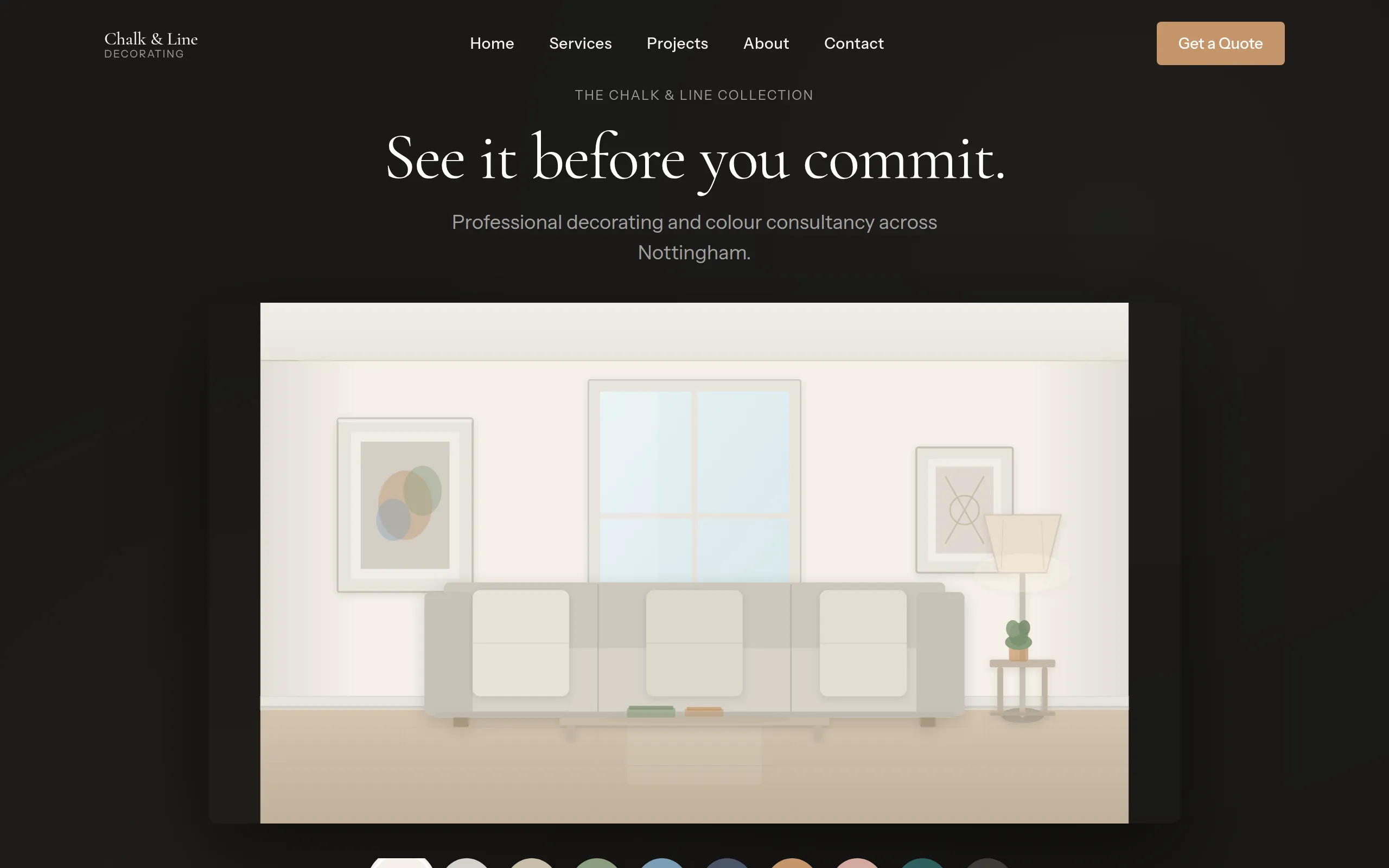 Chalk & Line Decorating website with live colour-picker room visualiser and before-and-after reveal slider