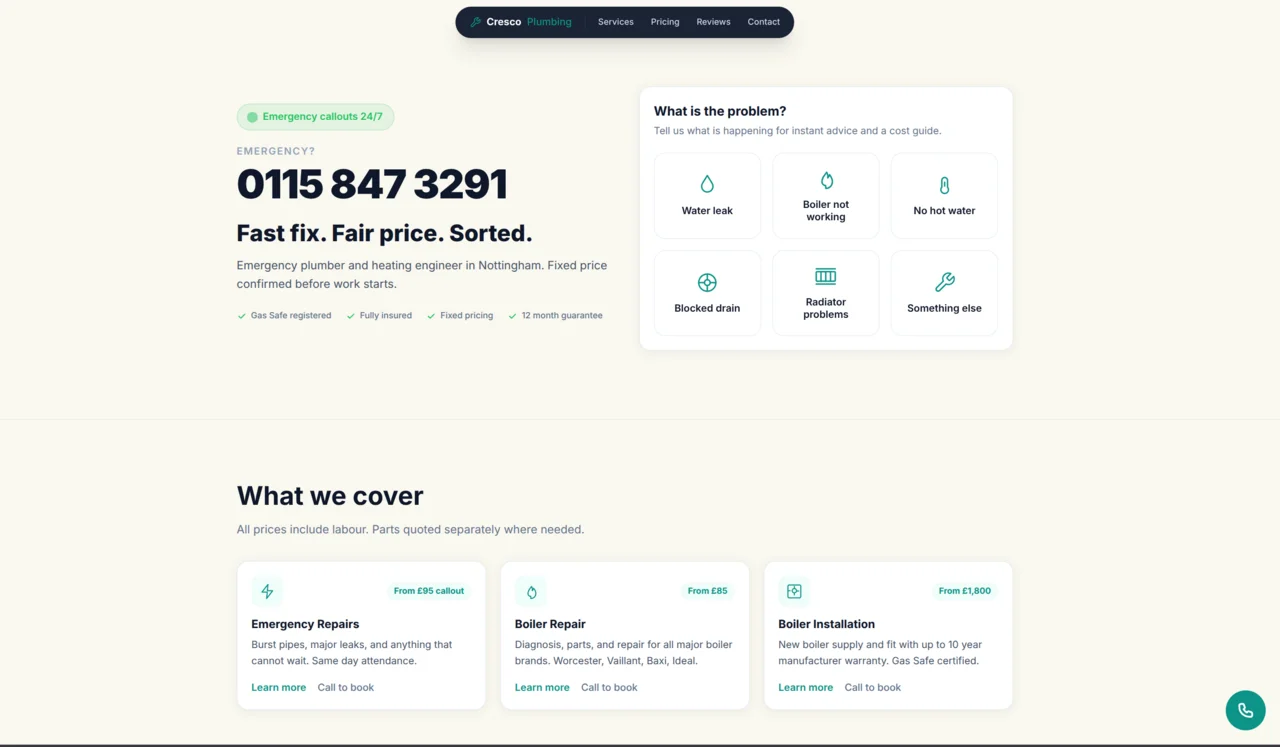 Cresco Plumbing & Heating website with symptom picker, instant price guide, and Gas Safe trust badges