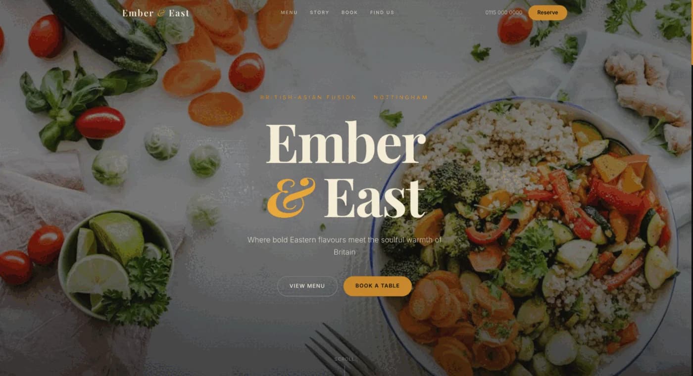 Ember & East restaurant website with dark moody design, signature dish cards with pricing, and online reservation form